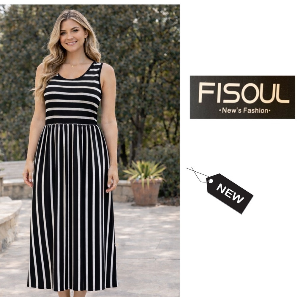 NWT Fisoul black/ White striped casual sleeveless dress with pockets sz M